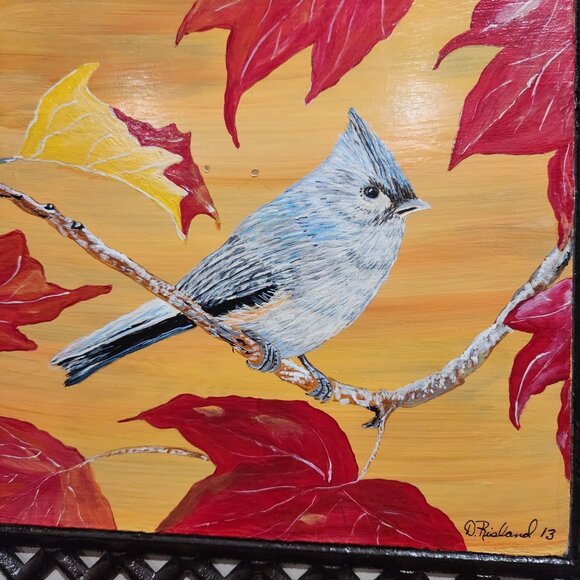 Hand-Painted Bird & Autumn Leaves Artwork In Black Lattice Frame By D. Risland - Picture 2 of 3